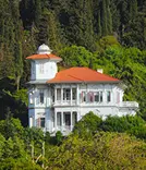 təbiət içində yerləşən klassik ağ rəngli ev balkon ilə