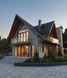 müasir taxta fasadlı ev geniş pəncərələrlə